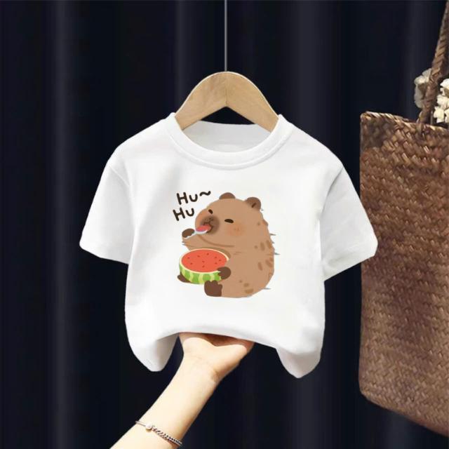 Áo thun bé trai và gái,Thủy Tiên, in capybara ăn dưa hấu, vải cotton chính phẩm, size 11-32 kg 3