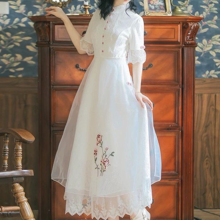 Đầm thiết kế chất liệu đầm ren cao cấp, đầm thiết kế cổ tàu, tay lỡ, chân váy in hoa, 3 lớp bồng bềnh thướt tha CT08 Nữ Women