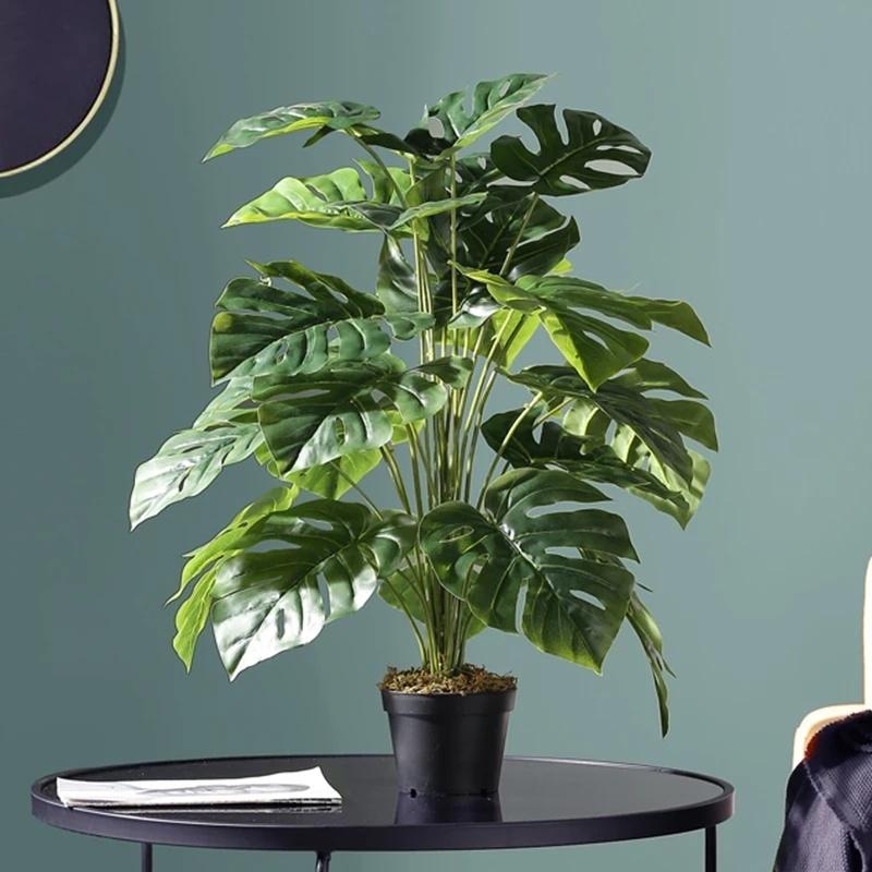 Product Introduction of Indoor Artificial Green Lifelike Turtle Leaf Bouquet / Simulation Tropical Fake Monstera Fabric Leaves / Tabletop Foliage Balcony Potted Plants Decoration 9