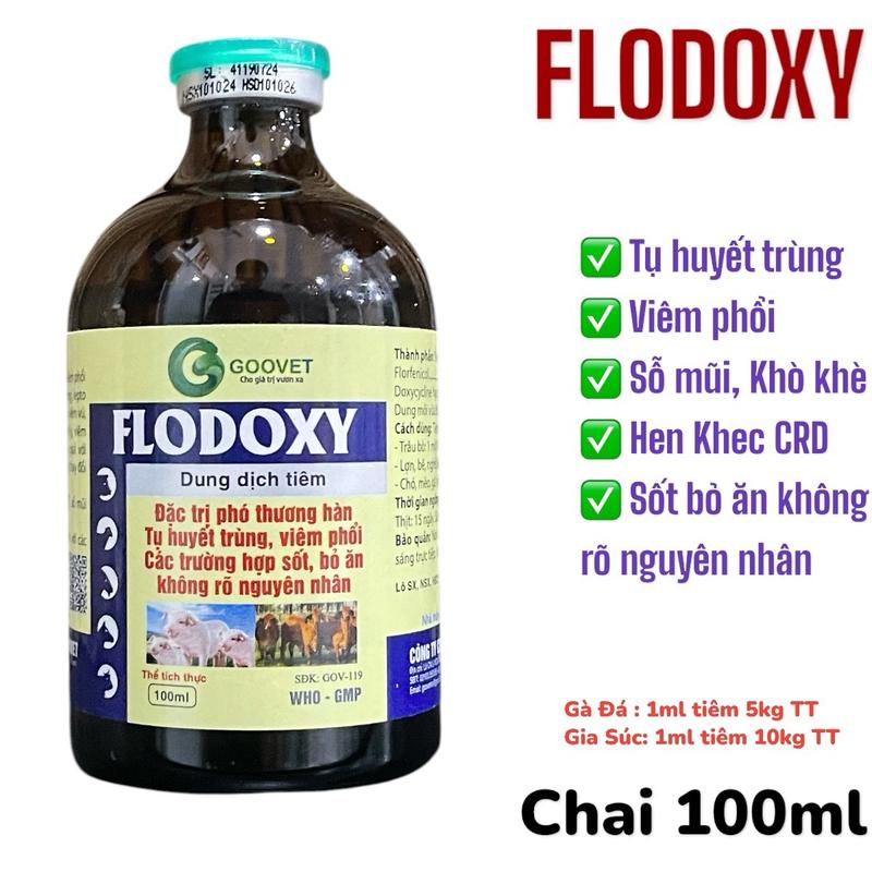 (1 chai 100ml) dung dịch tiêm trị tụ huyết trùng, sưng phù đầu, viêm phổi, khò khè, số mũi, hen khẹc, crd trên gà đá, gà cựa, gà đòn. Flodoxy 100ml