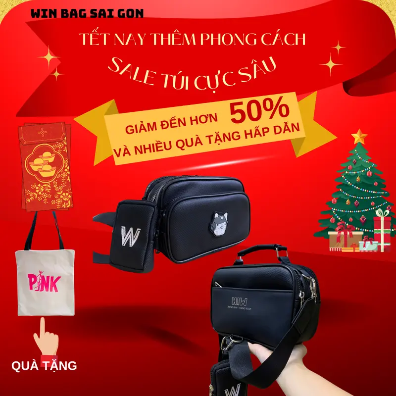Tưng bừng SALE TẾT - MUA 2 TẶNG 1 - Túi Đeo Chéo Nam Nữ Thời Trang Màu Đen Vải Chống Nước Size 21 x 15 x 8cm - WIN BAG SAI GON 0