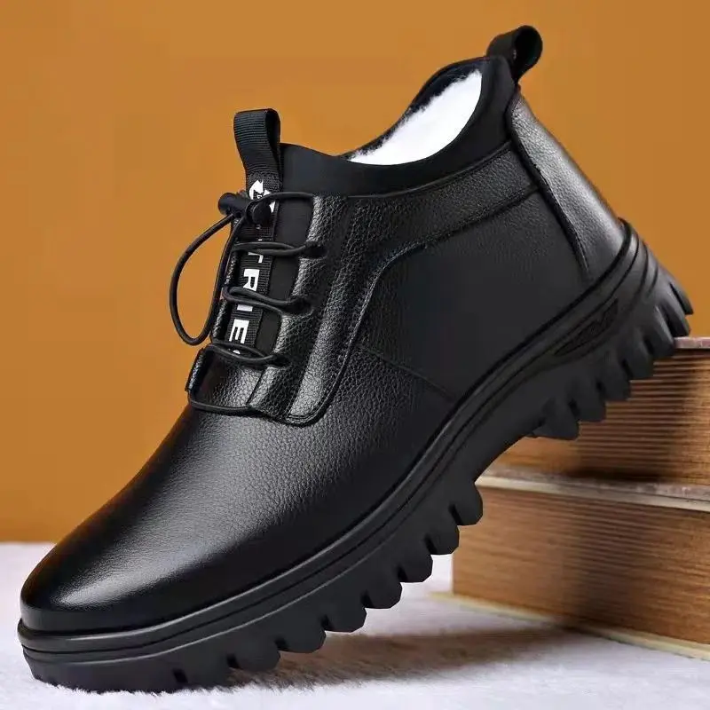 Giày Da Giữ Nhiệt, Giày Cotton Mùa Đông, Lót Lông Cừu, Có Đệm, Cổ Cao Cho Nam, Giày Thường Ngày Xuyên Biên Giới, Giày Của Bố, Đế Mềm, Giày Lười, Dành Cho Nam