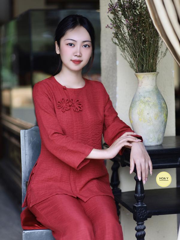 DL131 ĐỎ (Họa Y Pháp Phục) Đồ Lam Đi Chùa, Top Quần Áo Thời Trang Cho Phật Tử Nữ,  size S M L XL XXL, Pháp Phục, trang phục truyền thống thường mặc, chất đũi tơ Women trung niên 1