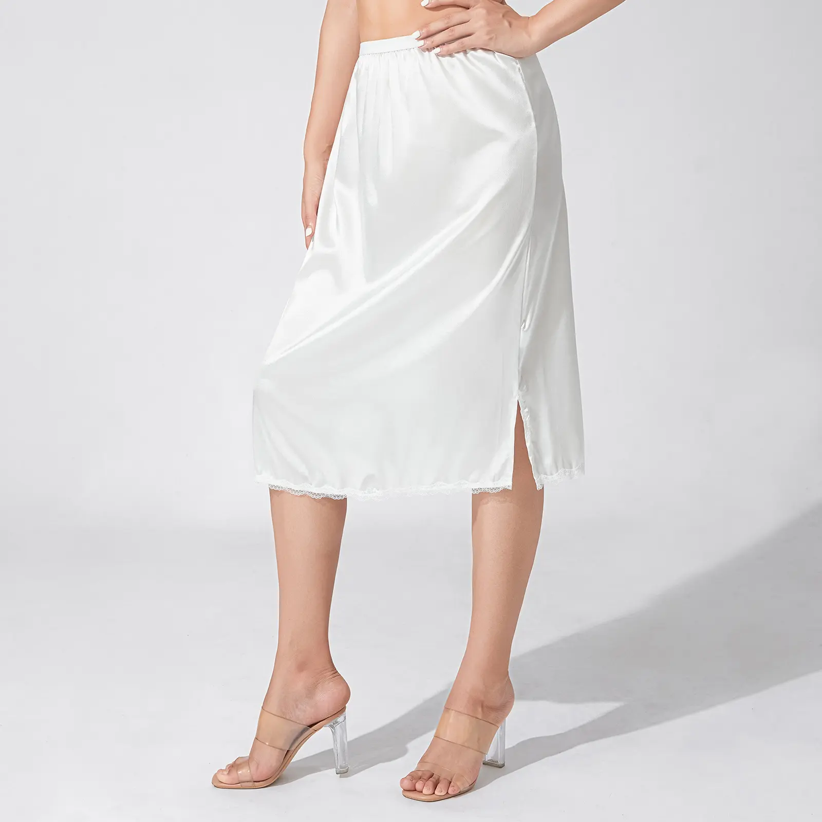 Women's Half Slips Elastic Waist Solid Color Satin Underskirt Lace Trim Skirt for Under Dresses Anti-Penetrating Lining Petticoat