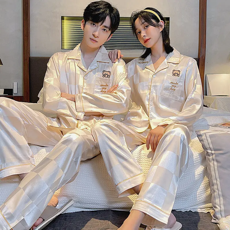 Bộ Đồ Ngủ Mới Cho Cặp Đôi, Chất Liệu Lụa Lạnh Dành Cho Phụ Nữ Và Nam Giới, Mùa Xuân Và Mùa Thu, Mỏng Và Dài Tay, Chất Lượng Cao, Thích Hợp Mặc Ngoài Trời, Ngoại Cỡ, Đồ Mặc Nhà