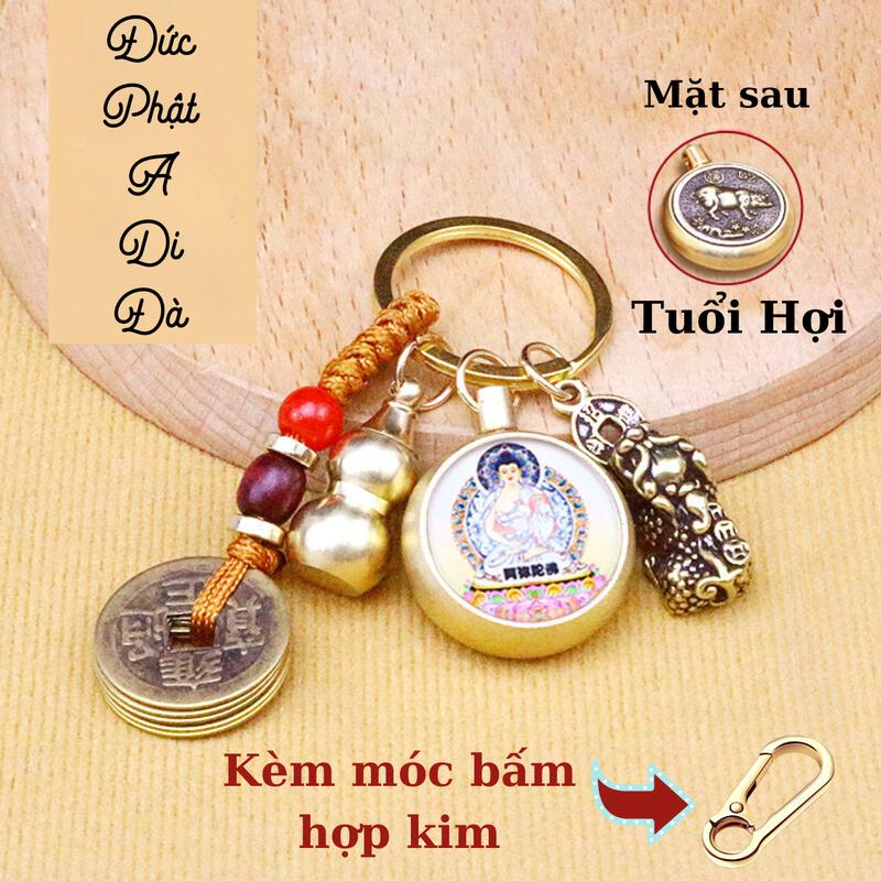 Móc Khóa Phật Bản Mệnh và 12 con giáp xoay kèm tỳ hưu, hồ lô rỗng và dây vàng (S-15) Móc Chìa Khoá