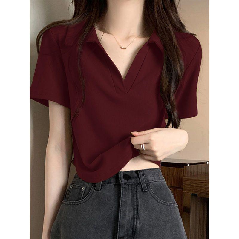 Áo Thun Ngắn Tay Cổ Polo, Màu Đỏ Rượu Vang, Dành Cho Nữ, Phong Cách Hàn Quốc, Dáng Ôm, Cổ Chữ V, Vai Nhỏ Áo Ngắn, Thích Hợp Cho Mùa Xuân Và Mùa Hè 2024 0
