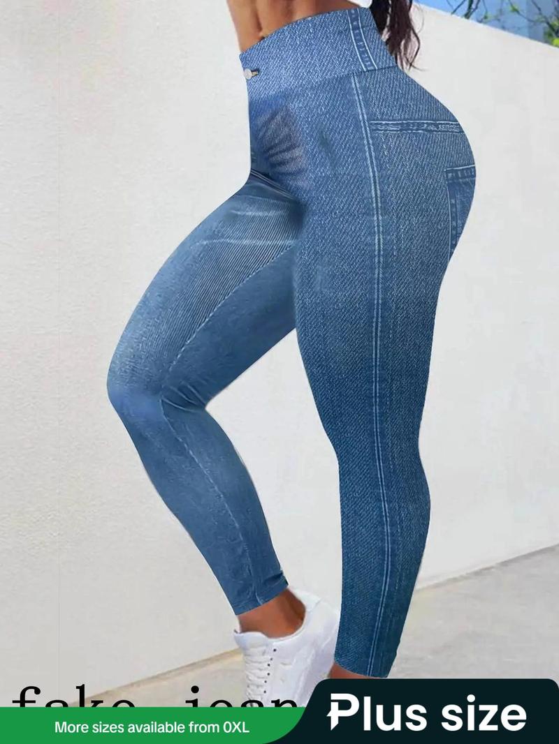 Plus Size Denim-Effect Print High Waist Blue Leggings, Womenswear ...