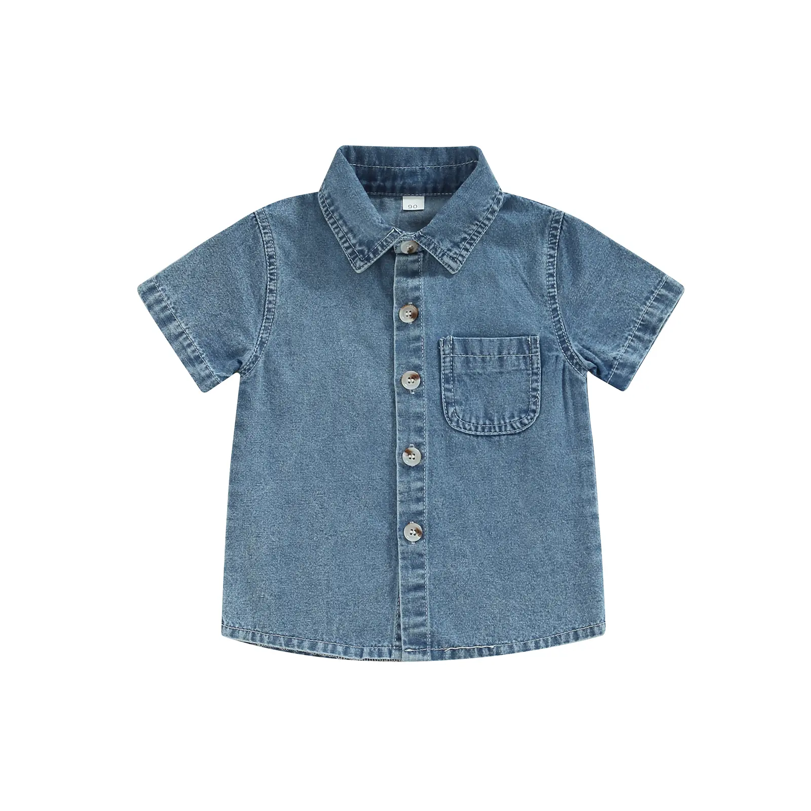 Toddler Boys Summer Casual Denim Shirt Solid Color Short Sleeve Button Down T-shirt