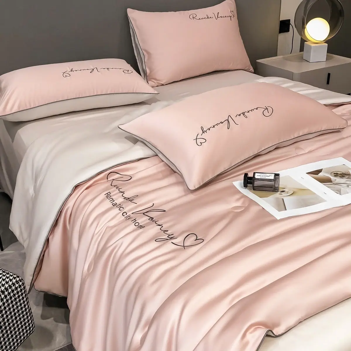 ￼Bộ chăn ga gối lụa Romantic city home chăn hè đơn sắc sang trọng, chất liệu mềm mướt không xù lông, không phai màu