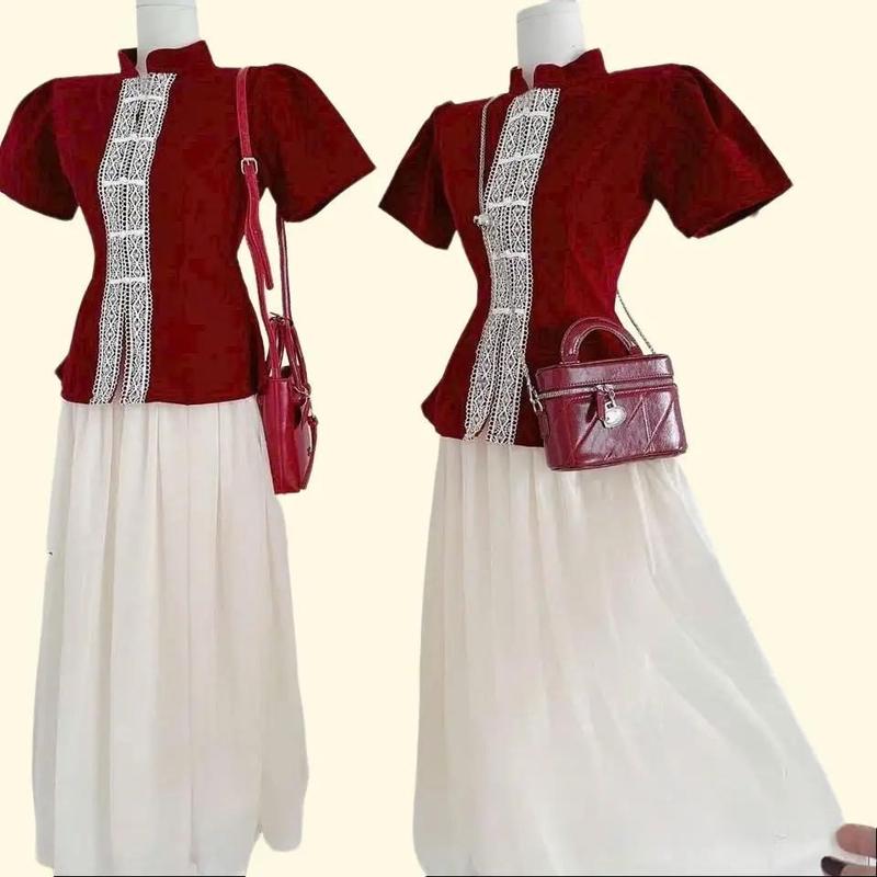 Sét đồ nữ 2 món (áo + chân váy) áo nhung cổ tàu phối viền ren kèm chân váy xòe dài thích hợp mặc noel mặc tết