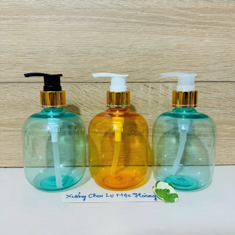 Chai lọ nhựa 300ml Tròn Lùn màu Xanh Ngọc/Cam Trong - Vòi nhấn cao cấp đủ loại -Khóa Vàng-Nắp Bật 3