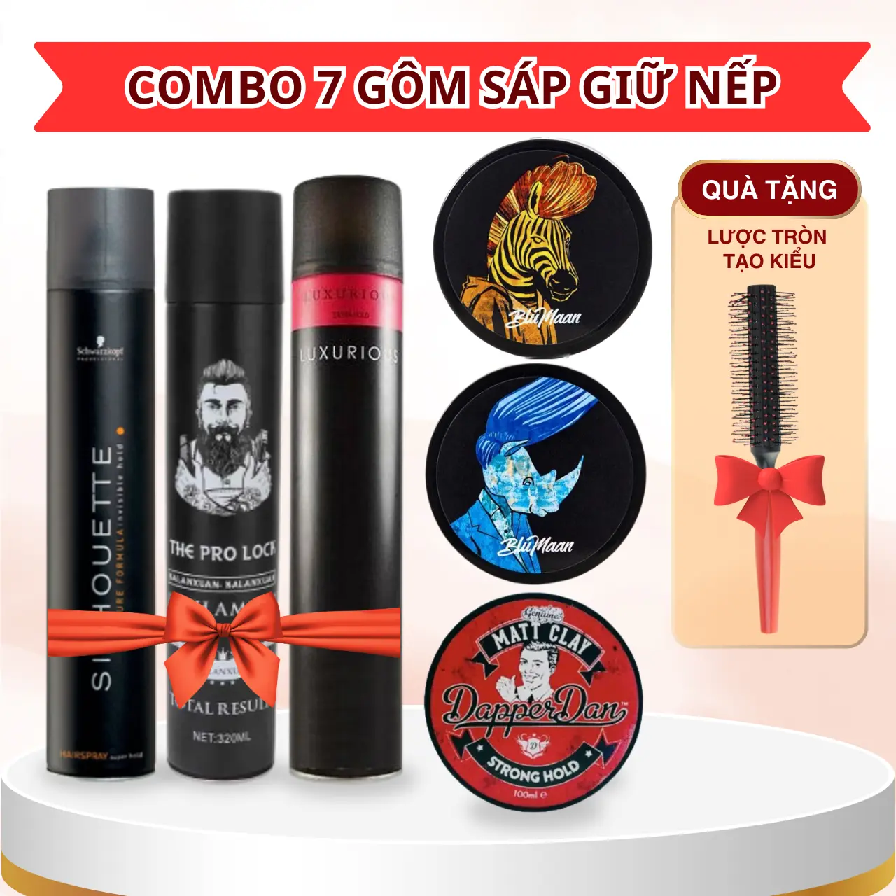 COMBO 7 MÓN : 3 gôm Luxu - Silhou - ThePro - 3 sáp vuốt tóc dapper - tê giác - ngựa vằn TẶNG LƯỢC