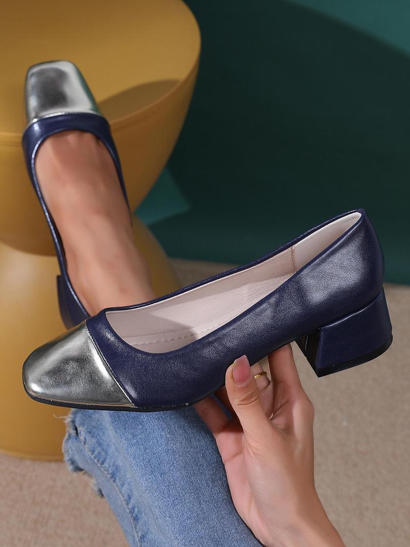 Product Introduction of Women's Fashionable Metallic Square Toe Slip on Heels, Elegant Pointed Toe Low Heel Shoes for Daily Wear, Lightweight Breathable Comfortable Shoes for Women & Girls, Classy 5