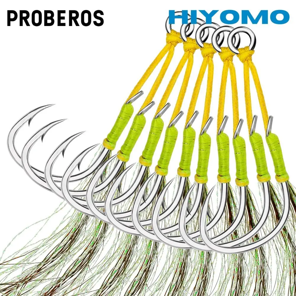 PROBEROS 2pair Slow/Fast Jigging Double Fishing Hook 1/0#-5/0# Cast Metal Jig Assist Hook Thread Feather Barbed Carbon Steel Tenggiri Fishhook Salt Water Tackle