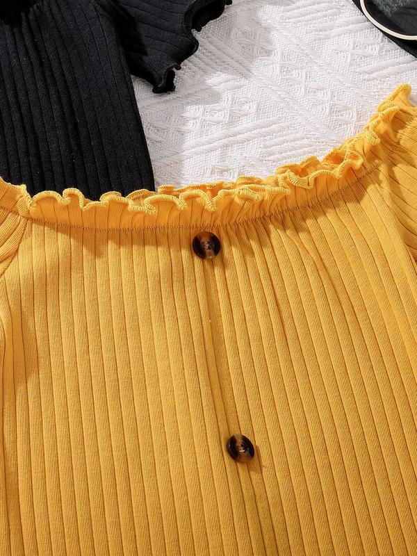 Girl's Solid Lettuce Trim Frill Trim Off Shoulder Ribbed Dress, Casual Fake Buttons  Dress for Summer, Kids Clothes for Daily Wear 3