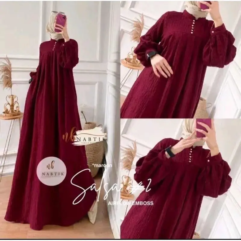 DS.Gamis salsa cringcle airflow dress busui Polos Kancing Muslim Wanita Crinkle Maxi Mewah Dewasa 3