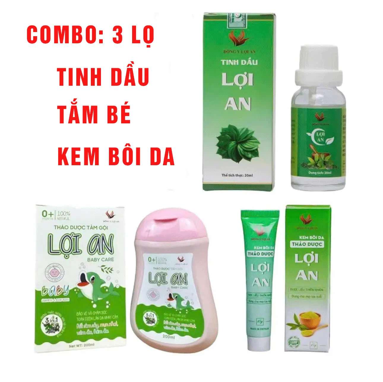 [Combo 3 Lọ Tinh Dầu + Kem Bôi Da +  Tắm Bé] Lợi An Hỗ Trợ Ho Khò Khè Sổ Mũi Long Đờm, Cải Thiện Chàm Sữa, Hăm Da Cho Bé