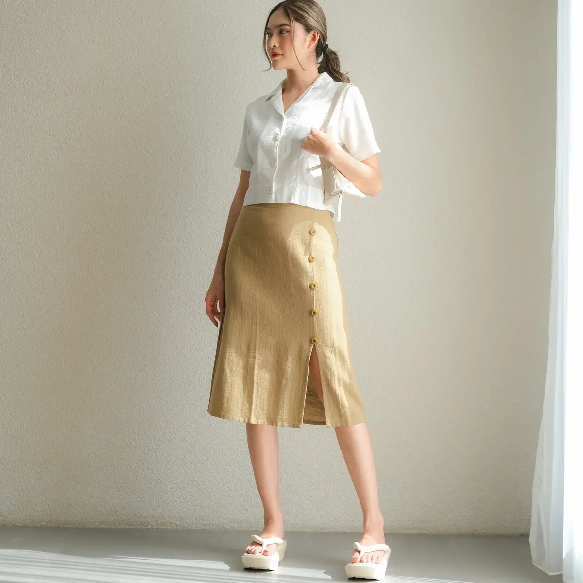 I Look Daily Dolla Skirt Linen Slit Samping Wanita Panjang Fit Casual Basic Casual Formal Kancing Pendek Karet Kerja Nyaman Kantor Simple