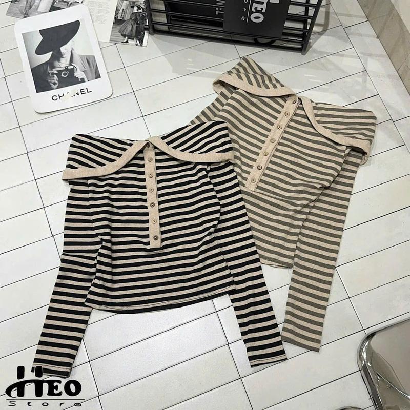 ÁO THUN TAY DÀI KẺ NGANG TRỄ VAI GẬP VẠT CỔ BẺ DÁNG ÔM 2 MÀU