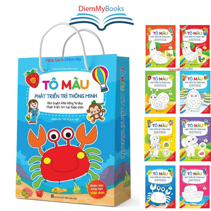 Sách- Bộ 8 Quyển Tô Màu Nối Số Phát Triển Trí Thông Minh Song Ngữ Anh Việt Cho Bé Từ 2 3 4 5 6 Tuổi Tập Vẽ Tranh Tư Duy