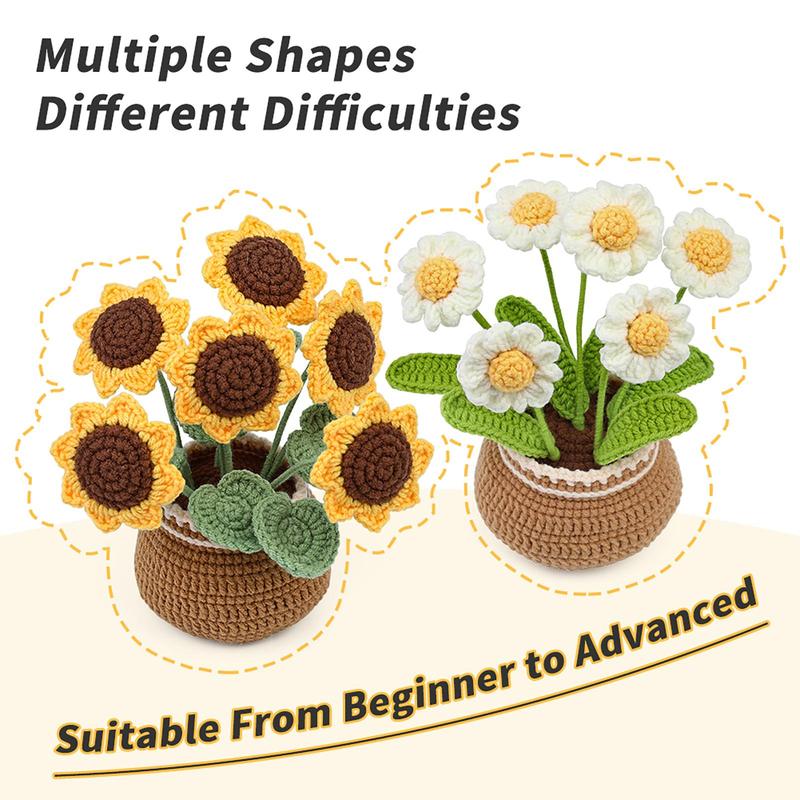Daisy & Sunflower Design Crochet Kit, 2 Counts/set Floral Crochet Starter Set with Step-by-Step Video Tutorials, Complete Knitting & Crochet Kit for Beginners Adults, DIY Handmade Knitting Supplies 6