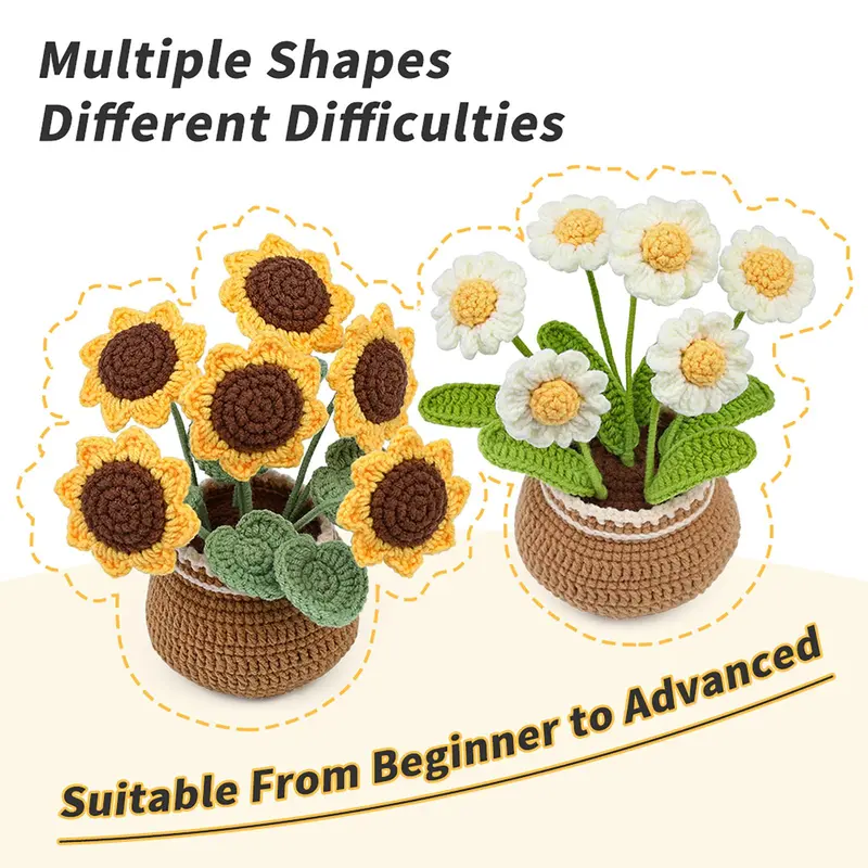 Daisy & Sunflower Design Crochet Kit, 2 Counts/set Floral Crochet Starter Set with Step-by-Step Video Tutorials, Complete Knitting & Crochet Kit for Beginners Adults, DIY Handmade Knitting Supplies 6