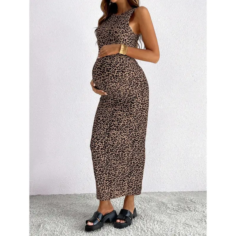 NINICARE Maternity Leopard Print Sleeveless Round Neck Dress 5