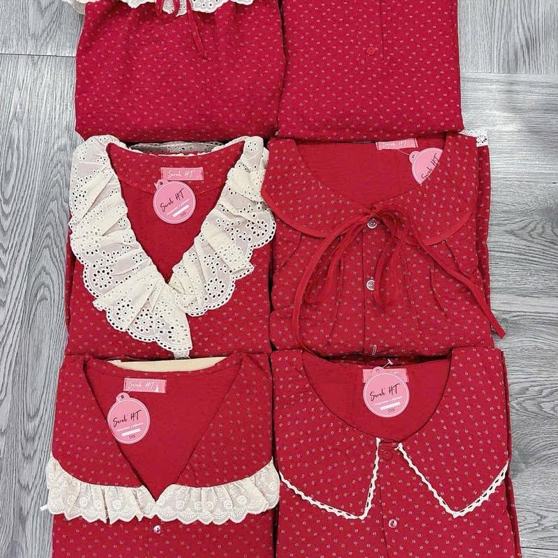 Đồ Bộ Nữ Chất Vải Đũi Hoa Nhí Đỏ , bộ pijama đũi tiểu thư , bộ ngủ thu đông freesize 40-60kg [ Tổng Hợp Mẫu ] Women Nhung Voi  Kem 8