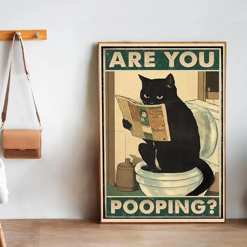 Vintage Cat Reading Newspaper on Toilet Pattern Unframed Painting, Funny Animal Pattern Wall Art, Wall Decor for Home Living Room Bedroom, Ornaments 0