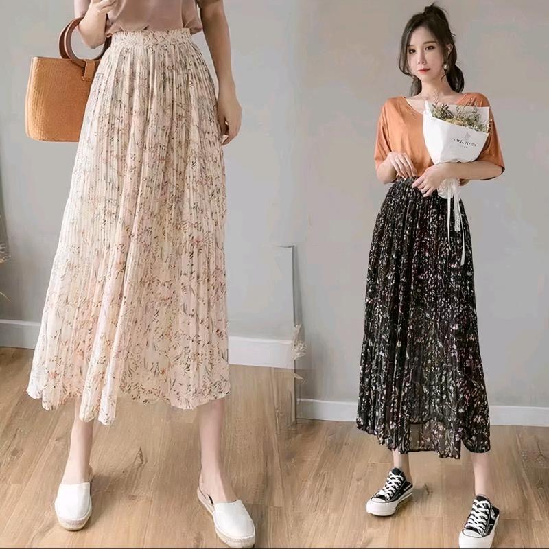  Chân váy xếp ly dài họa tiết bông nhí cạp Bo Chun size dưới 62kg thời trang nữ habichuyensi Voan Women hoa vintage dáng  xòe 
