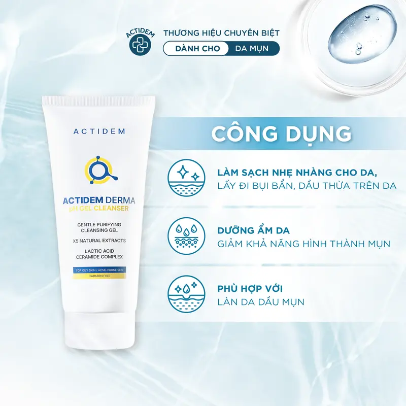 [Tặng 2 Quà Khi Mua 1 Tuýp] Gel rửa mặt giúp ngừa mụn cho da dầu, nhạy cảm, da hỗn hợp Actidem Derma pH/Sensitive/Purifying Gel Cleanser 30/150/180ml- ADS 7