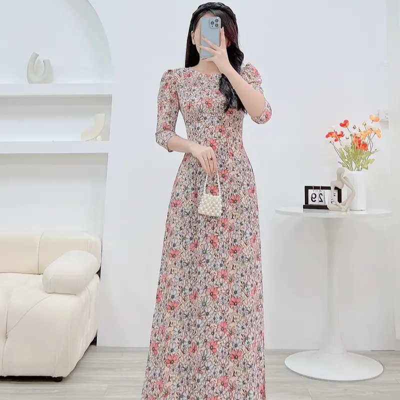 Áo dài hoa nhí lụa nhật in 6D - MÃ N24 Nữ Women Dress Nhung Sen Kem Voan Voi 1