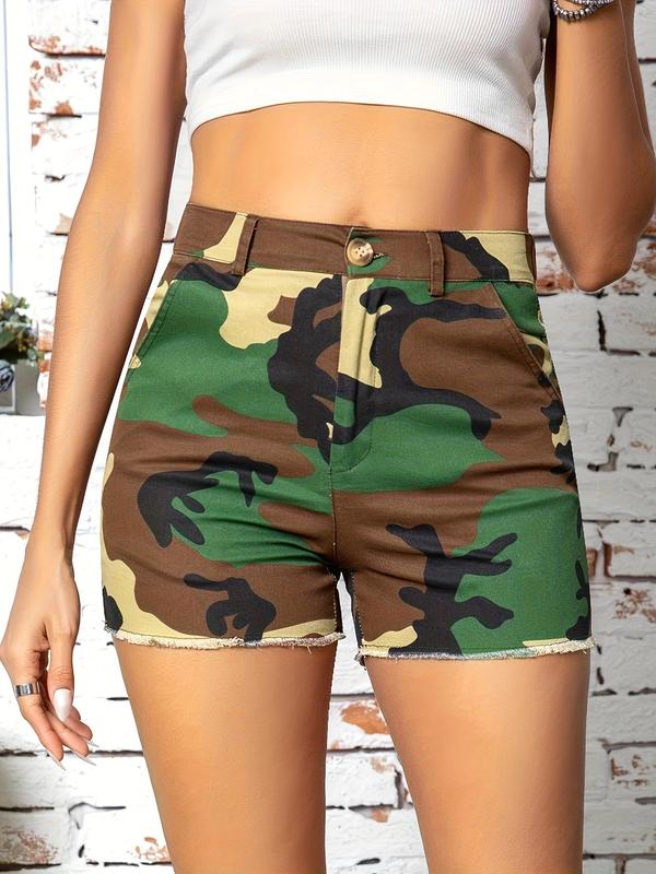 Women's Camo Print High Waist Button Front Skinny Shorts, Casual Comfy Shorts for Summer, Summer Clothes, Ladies Bottoms for Daily Wear, Shorts for Women 1