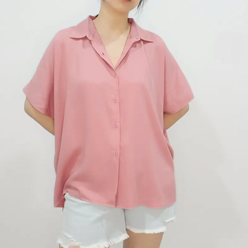 Kemeja oversize wanita polos lengan pendek / casual rayon twill shirt 3