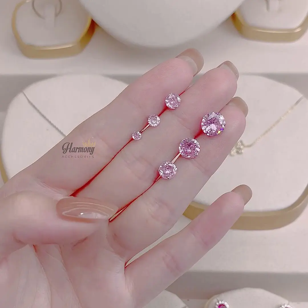 Khuyên tai bạc nữ s925 ổ đá màu hồng chuôi thẳng | TRANG SỨC BẠC HARMONY K300