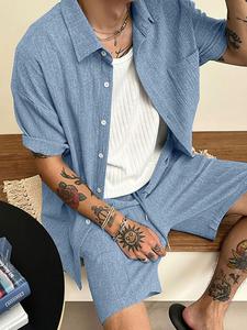 Two-Piece Set Men's Solid Textured Short Sleeve Shirt & Drawstring Waist Shorts, Casual Button Front Top & Shorts for Summer, Fashion Men's s for Daily Wear