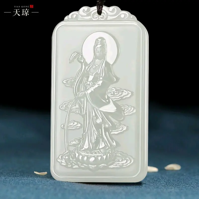 Mặt Dây Chuyền Quan Âm Bồ Tát Nam Hải ngọc hòa điền tự nhiên mang vận may ,may mắn,bình an   [ kèm dây đeo], NAN HAI