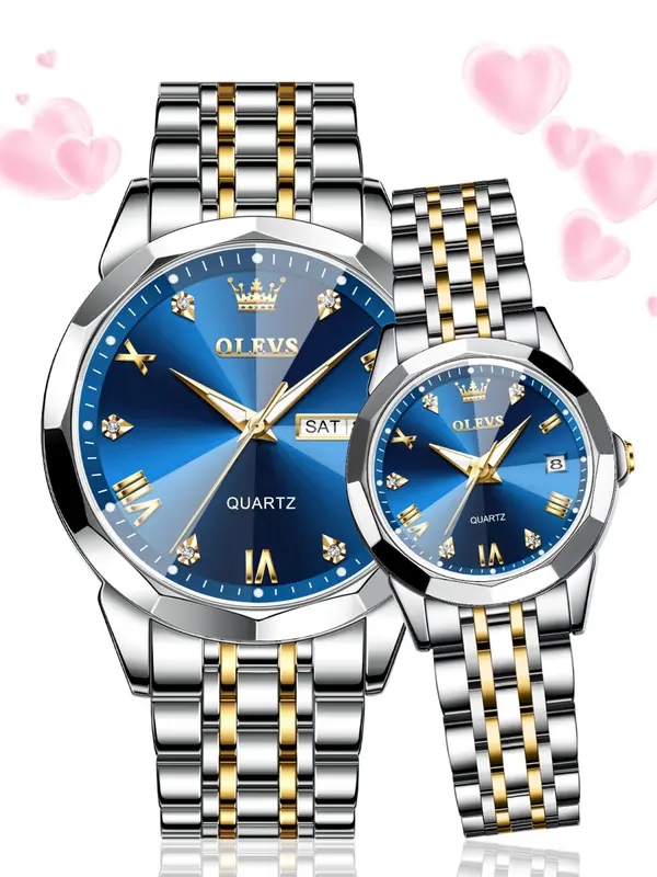 Round Dial Stainless Steel Strap Quartz Watch (2pcs), Couples Gifts, 2024 New Rhinestone Decor Waterproof Watch for Men & Women, Fashion Watch for Daily Life, Trendy All-match & Exquisite Watch for Birthday Gift, Unique Gifts for Women 8