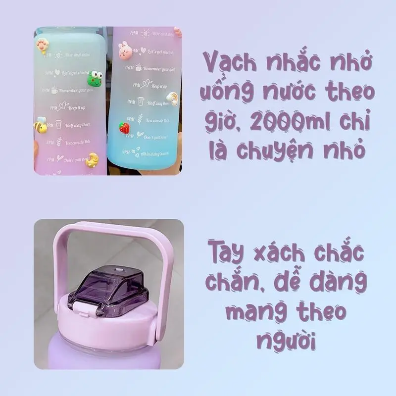 Bình Nước 2 Lít Dễ Thương Có Ống Hút Đàn hồi Tặng Kèm Sticker binhdung nuoc 1