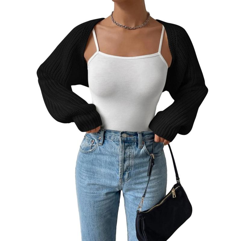 Women's Open Front Cropped Cardigan Long Sleeve Solid Color Ribbed Knit Shrug Sweater Bolero Tops 1