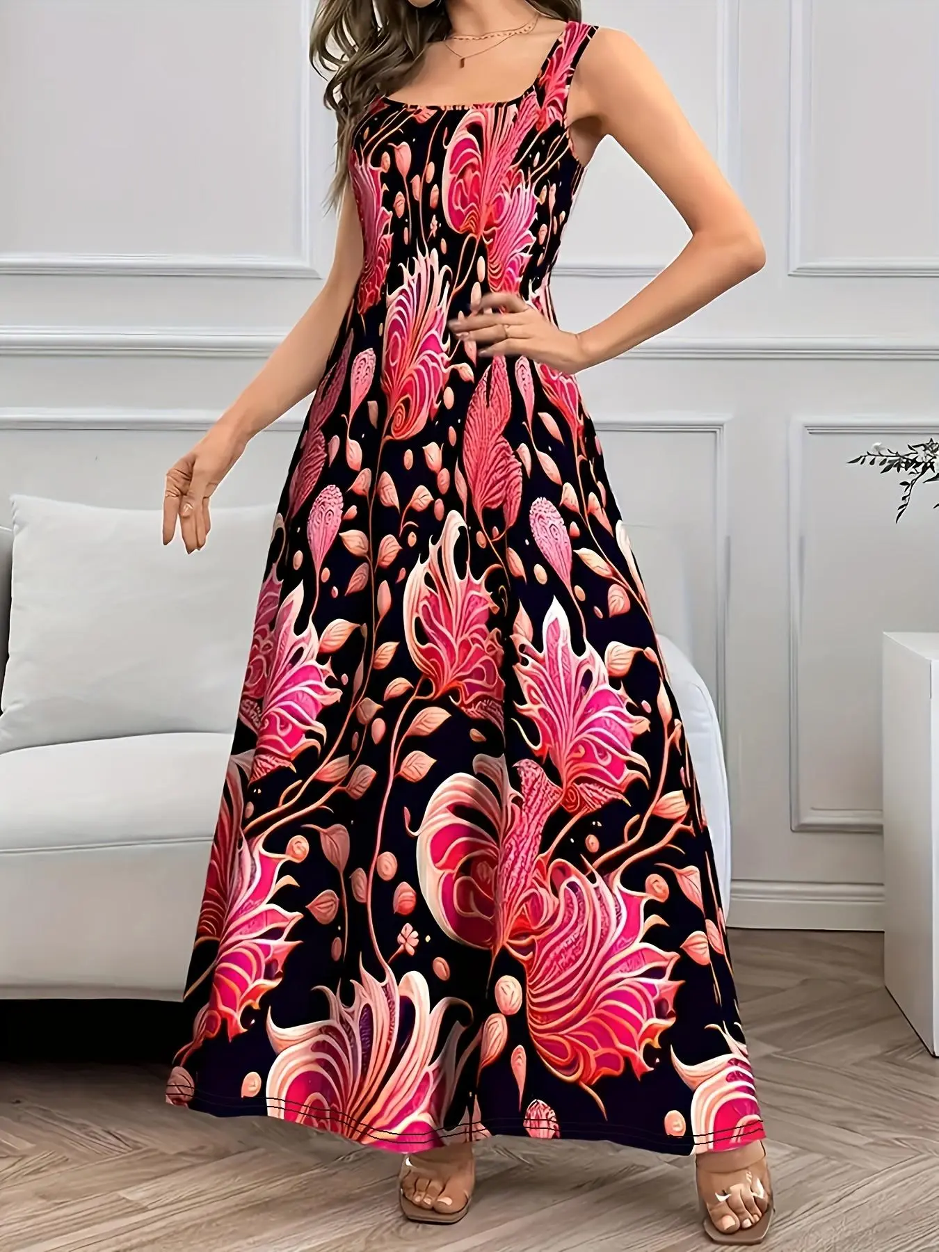 【Plus Size】 All Over Print Square Neck Dress, Plus Casual Fashion Sleeveless Dress for Daily Outdoor Wear, Women Clothing for All Seasons