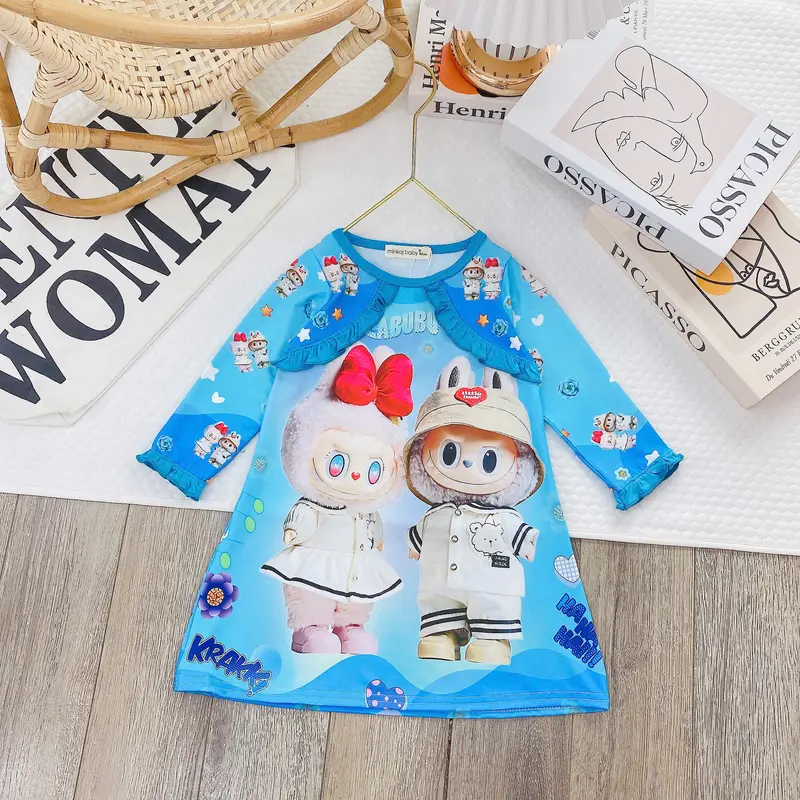 Bộ váy dài tay Cho Bé Gái 7-30kg-từ 7 tuổi trở xuống-Bộ Dài Tay In Hình Hoạ Tiết LABUBU, chất thun lạnh 3D Cho bé gái mềm mịn thoáng mát Có độ co giãn 4 chiều cho bé hoạt động thoải mái dành cho bé cao dưới 1m5 set baby mềm 2