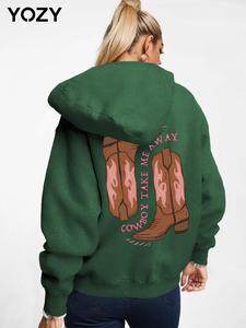 YOZY Women's Boots & Letter Print Drop Shoulder Hoodie, Fashion Casual Thermal Lined Long Sleeve Hooded Sweatshirt for Daily Holiday Outdoor Wear, Women Clothing for Fall & Winter