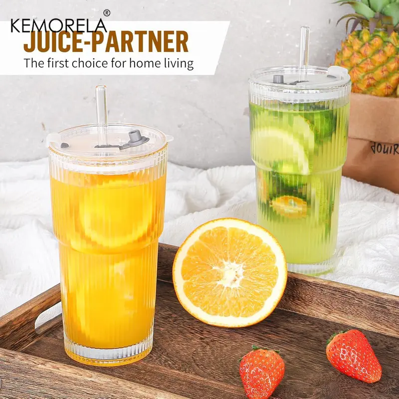 20oz Glass Cup with Lid & Straw, 1/2 Counts/set Glass Tumbler with Straw & Lid, Vintage Glassware for Whiskey Cocktail Beer Iced Coffee, Kitchenware, Drinkware, Summer Cool Bottle, Drinking Glassware 6