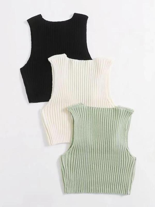 Women's Plain Ribbed V Neck Cropped Sweater Vest, Comfy Clothes for Girls, Casual Sleeveless Crop Knit Top, Summer Outfits 2024, Summer Clothes, Women's Knitwear for Daily Wear 1