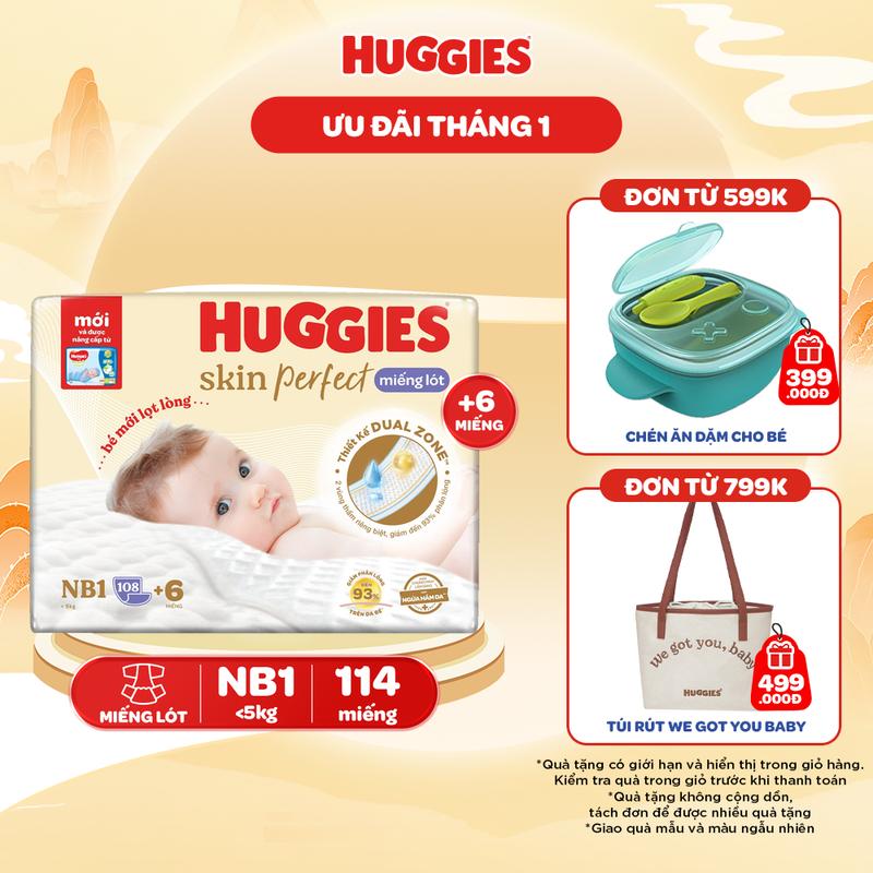 Miếng lót sơ sinh Huggies Skin Perfect với 2 vùng thấm giảm kích ứng da Size NB1 64+4/NB1 108+6/NB2
