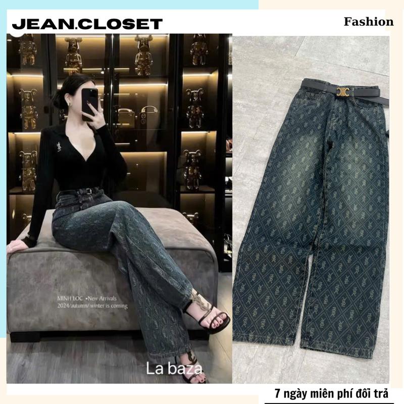 Quần bò jean ống suông rộng nữ hoạ tiết in kín sang chảnh cá tính