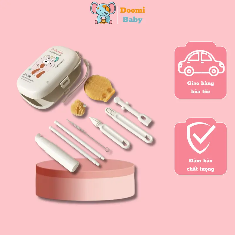 Bộ C ọ R ử a Bình Sữa Di Động Silicon 6 Chi Tiết Xoay 360 Độ Có Đế Phơi Hình Khủng Long Tiện Lợi Đa Năng Doomi Baby - HT716 0
