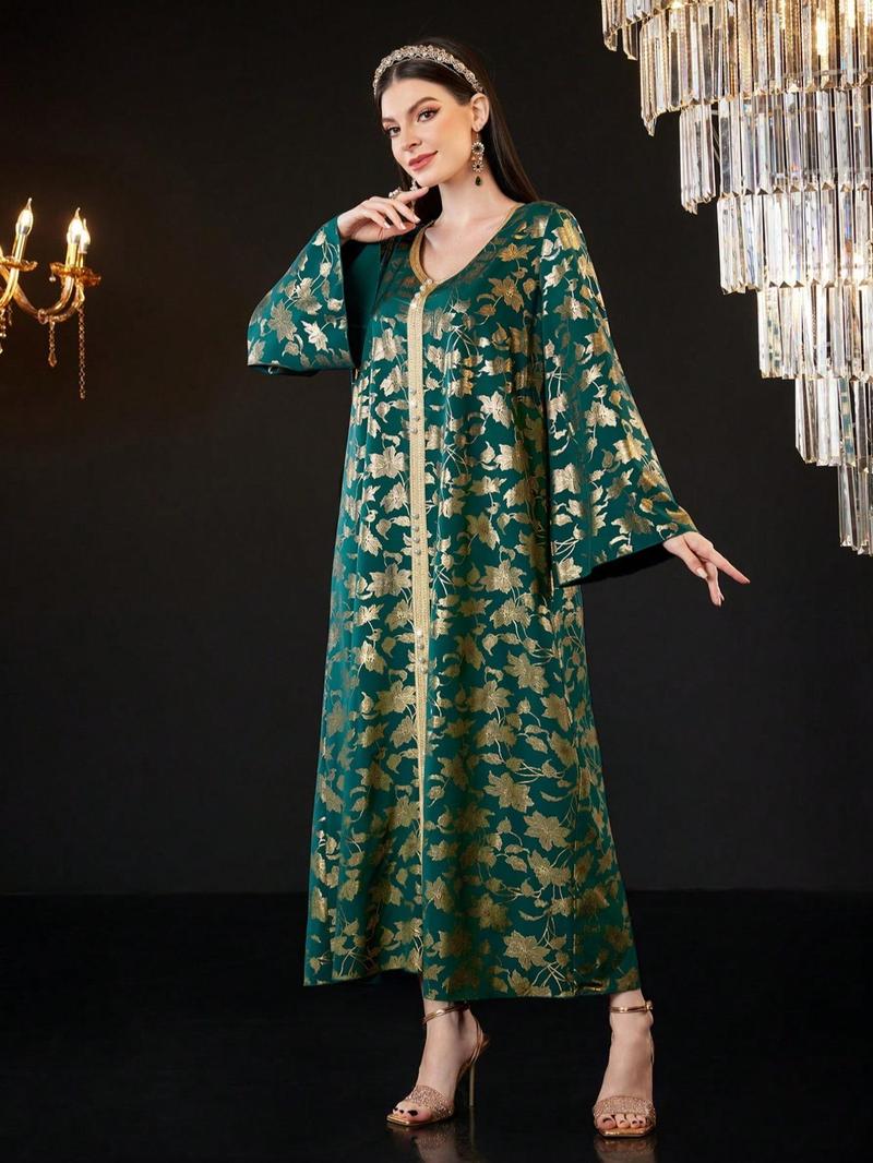 Product Introduction of Women's Floral Print Long Sleeve Dress, Elegant Open Front Maxi Muslim Dress for Party Daily Wear, Ladies Islamic Clothing for All Seasons 1